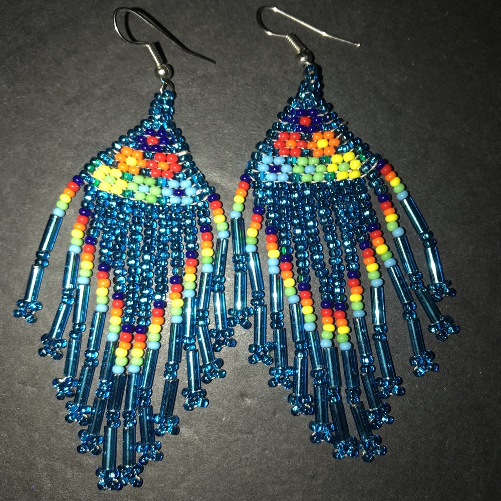 Blue/Multicolored Dangling Fringe Beaded Handmade Mexican Boho Folk Art Earrings